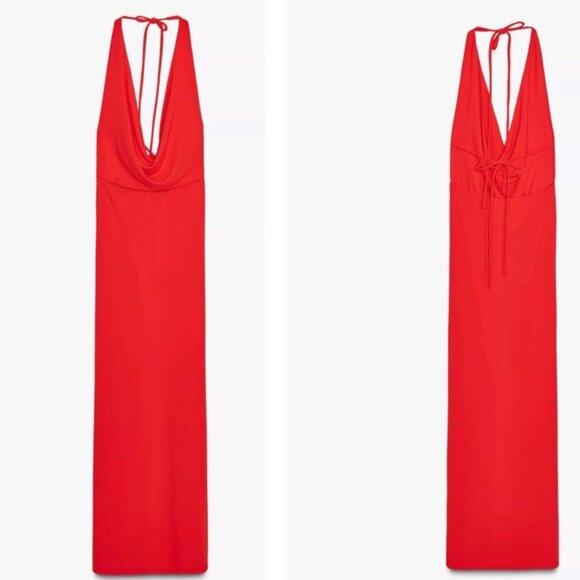 Zara Womens Red Draped Cowl Halter neck Maxi Dress open back Sz L NWT classy - Picture 1 of 11